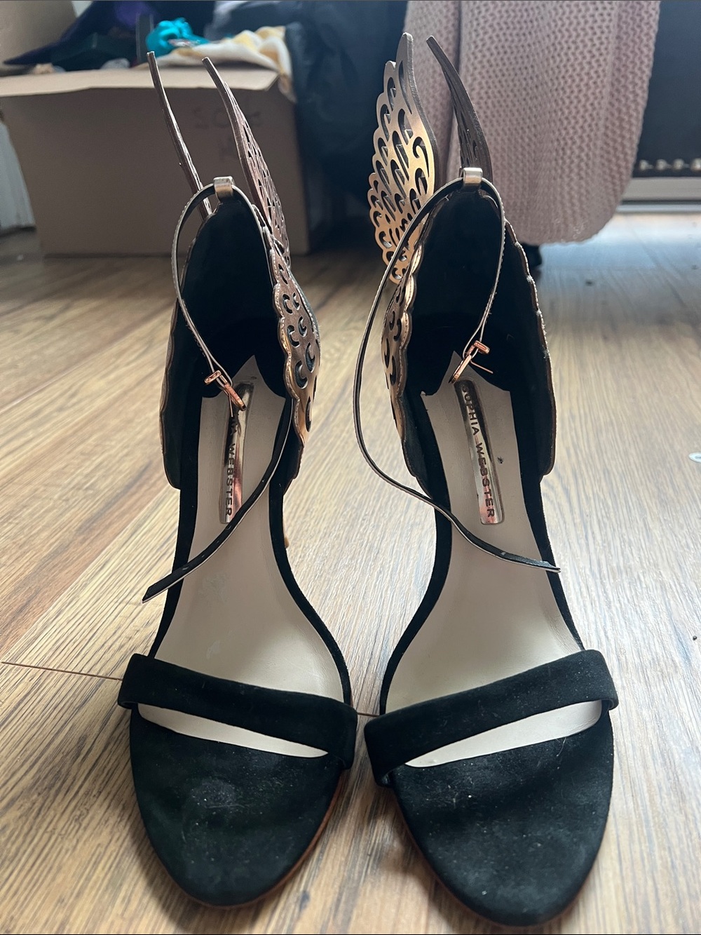 Sophia Webster Black Suede Wing-Heel Sandals with Rose Gold Wings